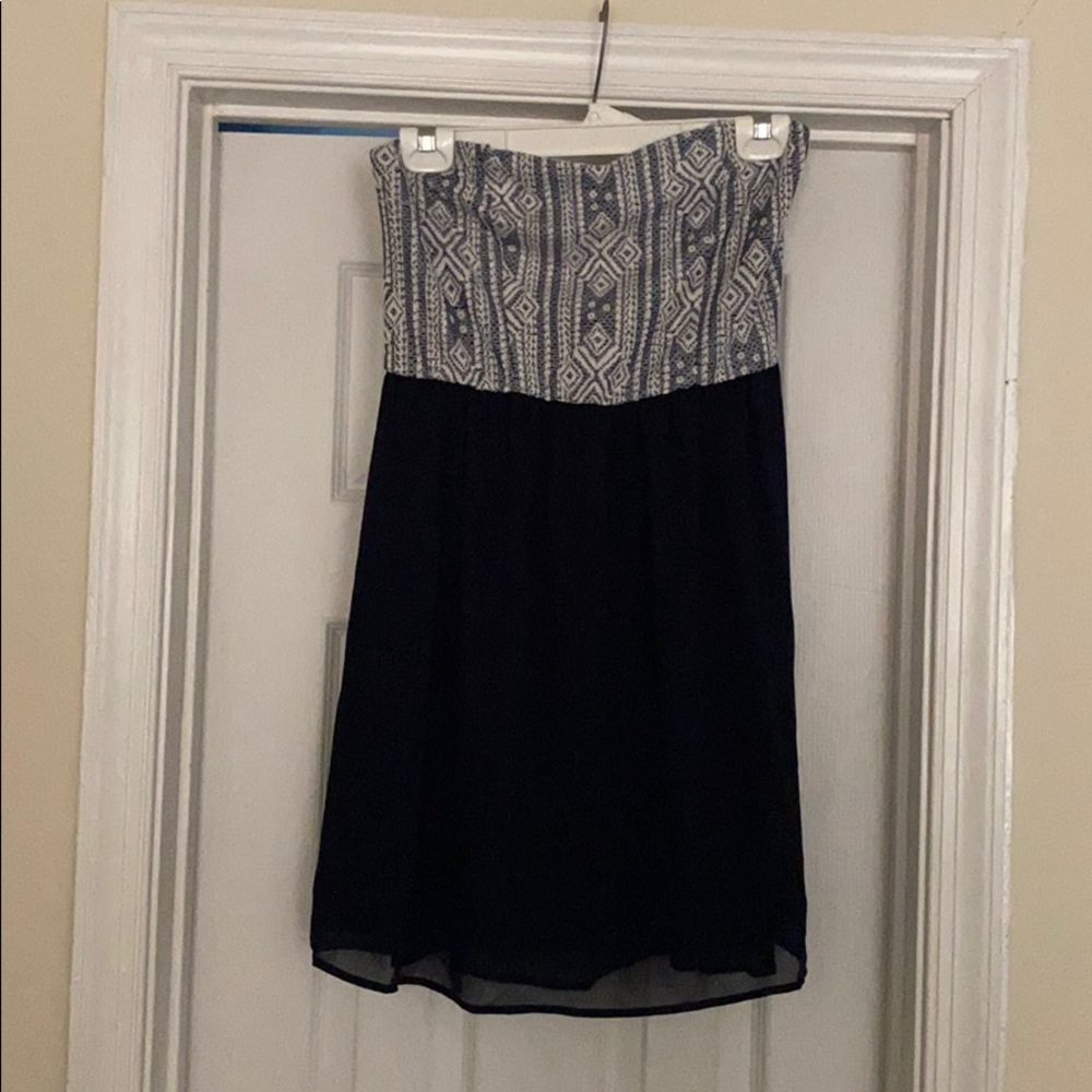 Blue and white Aztec strapless dress